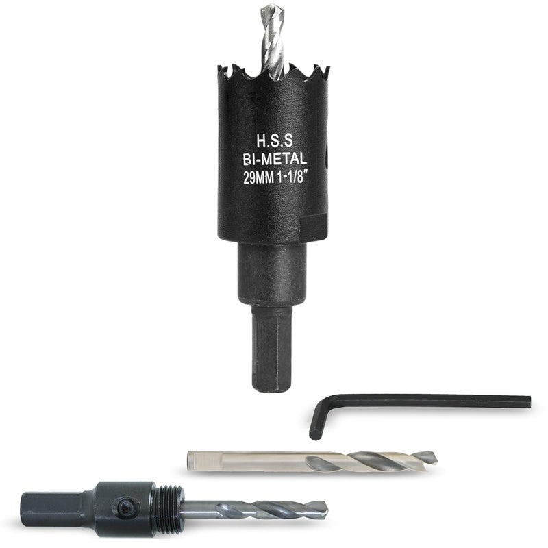 VIKITON 1-1/8 Inch Hole Saw with Arbor for Wood Metal Plastic, 1.1 in Bimetal Hole Cutter, Fast Chip Removal, Smooth Flat Drilling Edge, Lightweight & Portable (Black) - Image 1